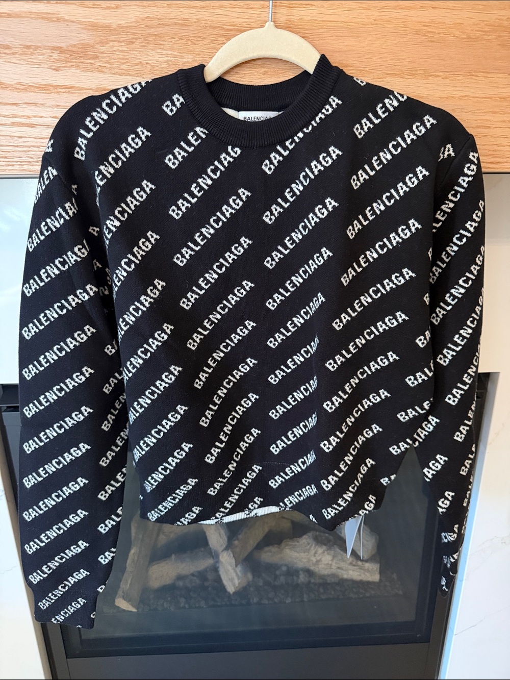 Balenciaga Black Crewneck with White All-Over Logo